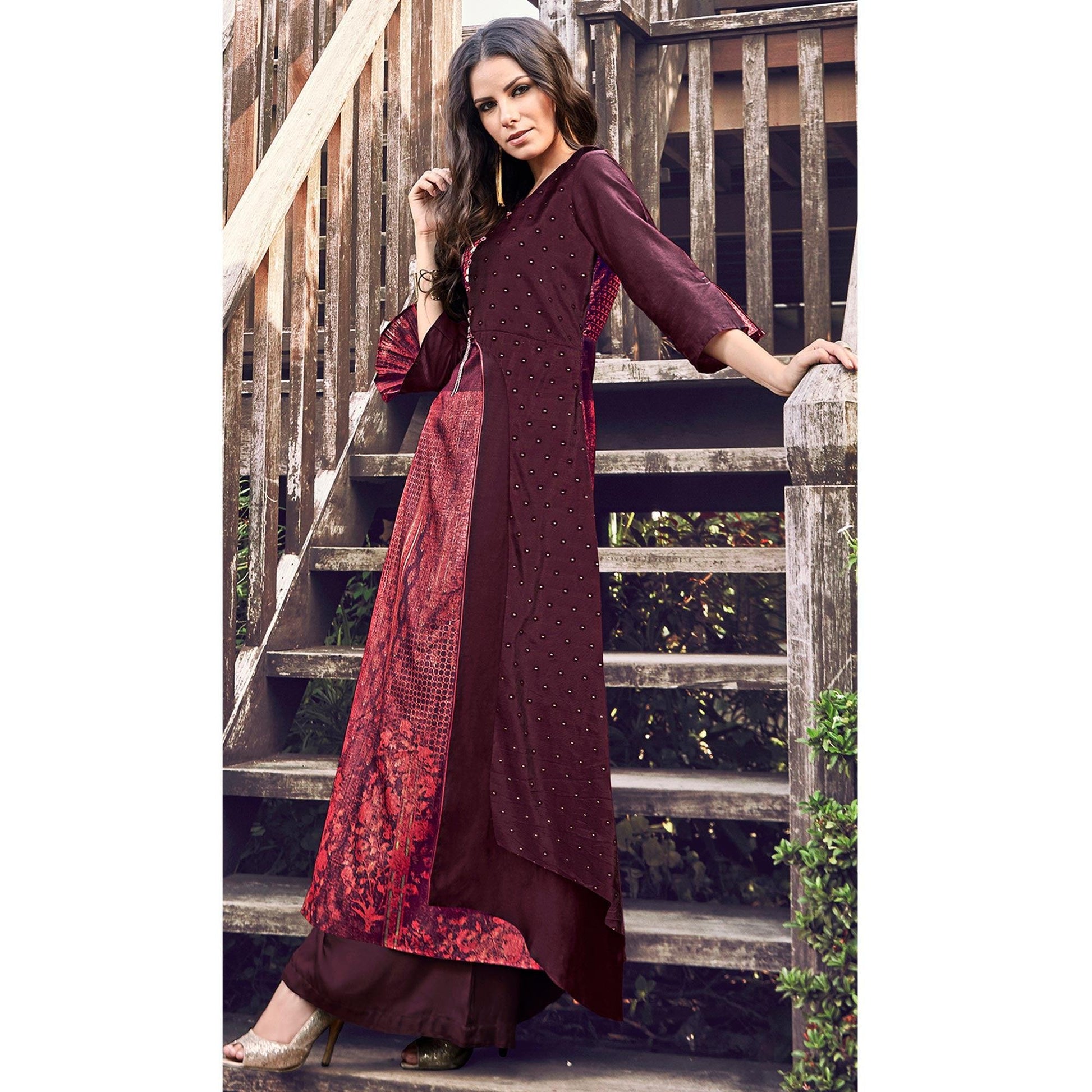 graceful-wine-colored-party-wear-printed-modal-jacquard-long-kurti-45571