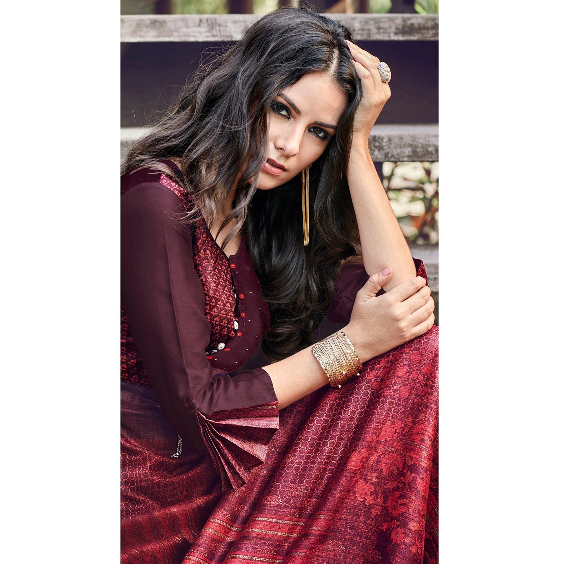 graceful-wine-colored-party-wear-printed-modal-jacquard-long-kurti-45571