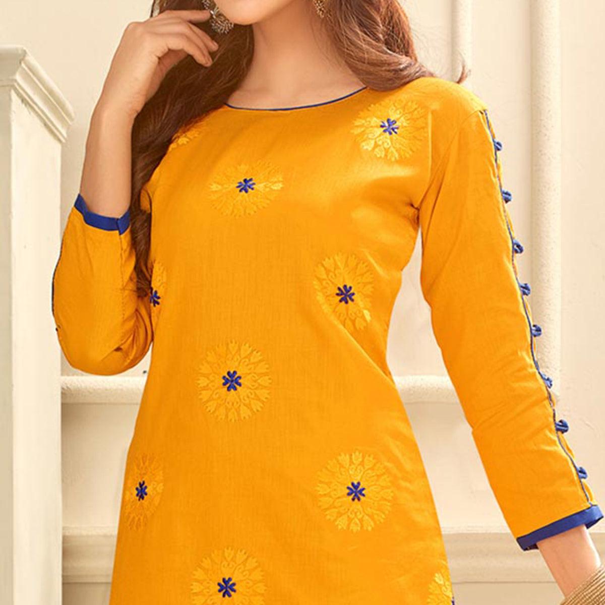 graceful-yellow-colored-partywear-embroidered-cotton-suit-with-pure-banarasi-silk-dupatta