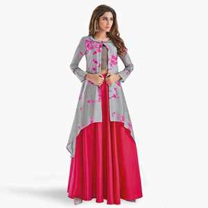 flirty-gray-hot-pink-colored-partywear-printed-art-silk-lehenga-with-koti
