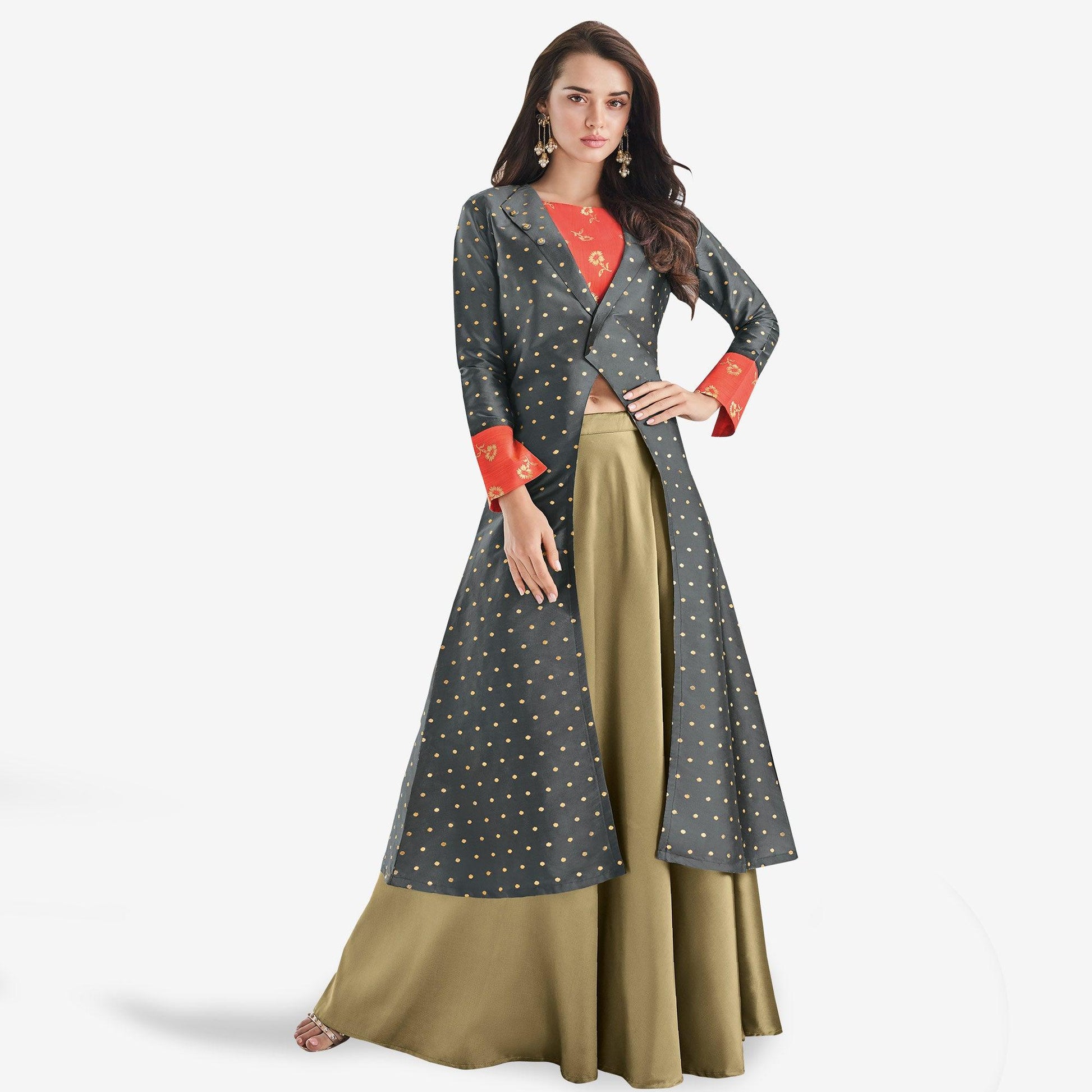 flamboyant-gray-mehendi-green-colored-partywear-printed-raw-silk-lehenga-with-koti