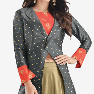 flamboyant-gray-mehendi-green-colored-partywear-printed-raw-silk-lehenga-with-koti