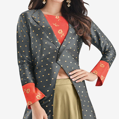 flamboyant-gray-mehendi-green-colored-partywear-printed-raw-silk-lehenga-with-koti