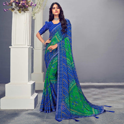 green-blue-bandhani-printed-chiffon-saree-with-tassels