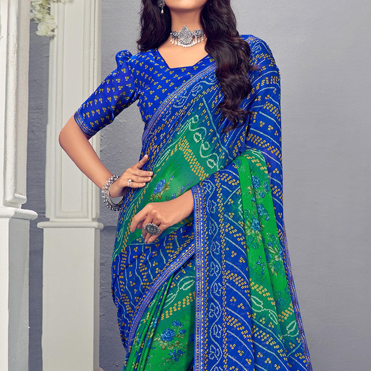 green-blue-bandhani-printed-chiffon-saree-with-tassels