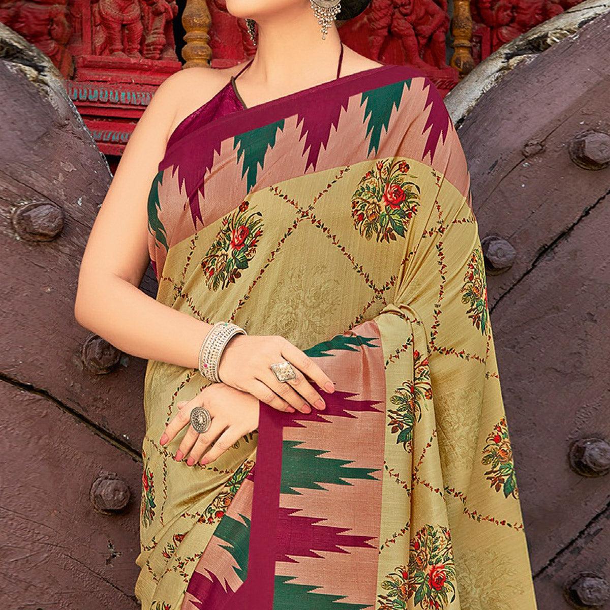 green-dark-pink-casual-wear-printed-tussar-silk-saree-122931