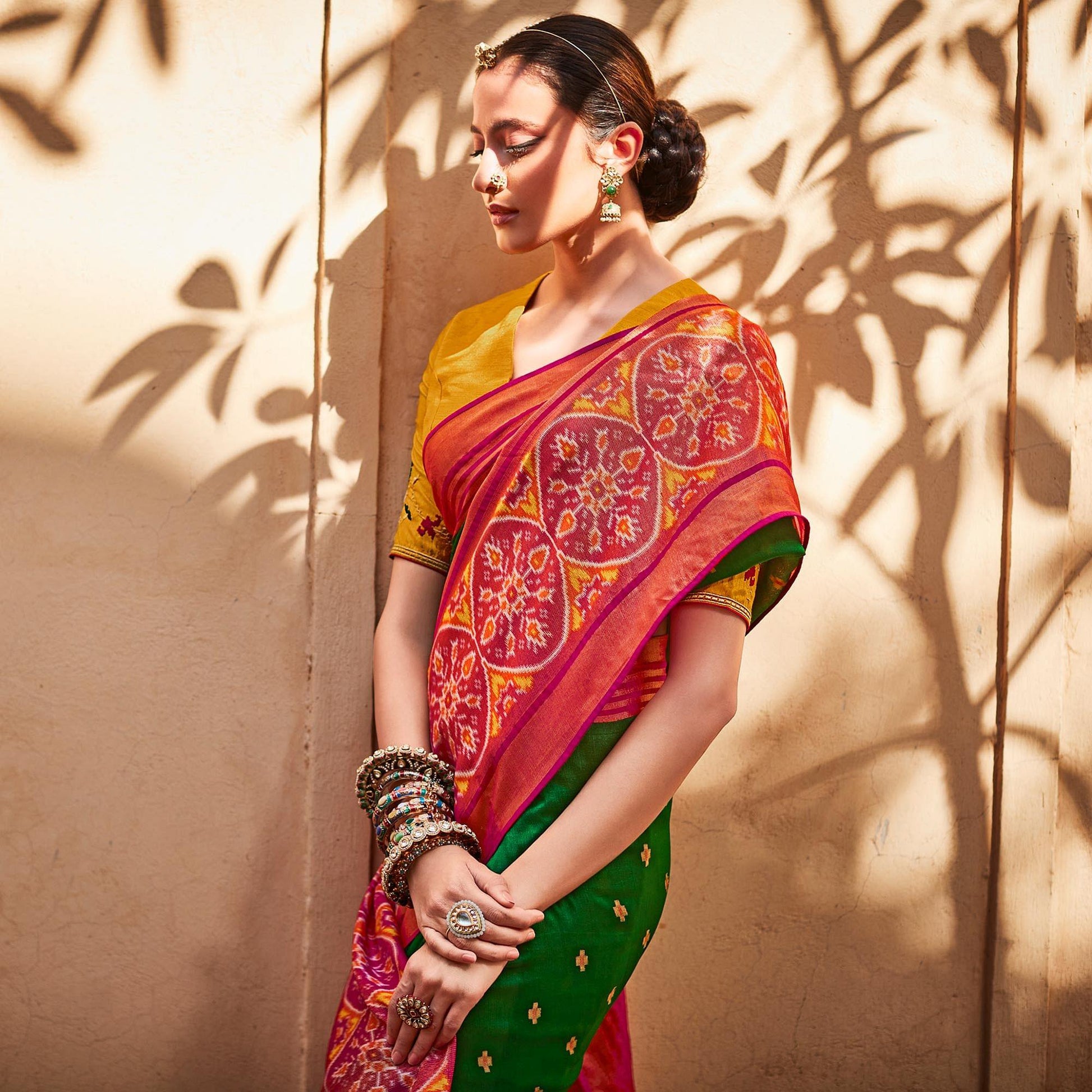 green-fuchsia-festive-wear-printed-silk-saree-139842