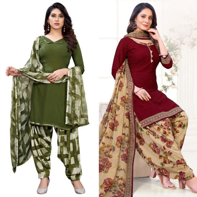 green-and-maroon-patiala-crepe-dress-material-pack-of-2