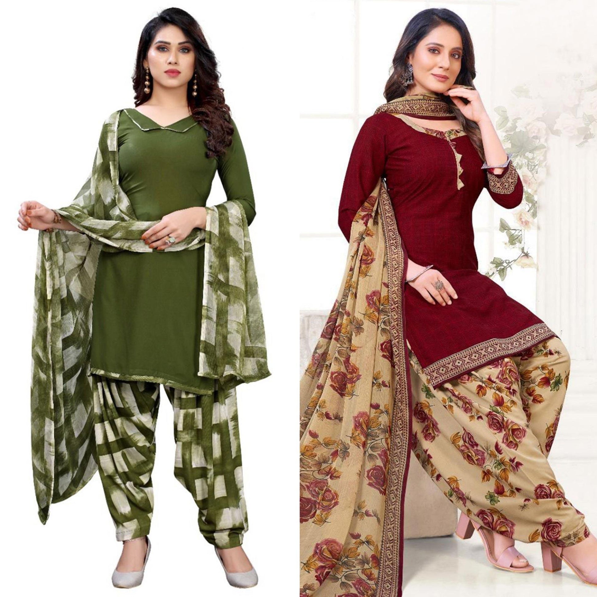 green-and-maroon-patiala-crepe-dress-material-pack-of-2