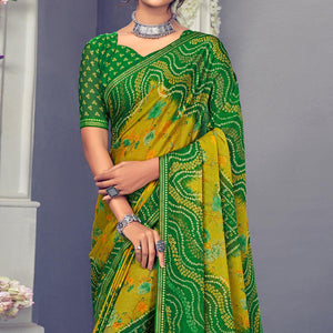 green-mustard-bandhani-printed-chiffon-saree-with-tassels