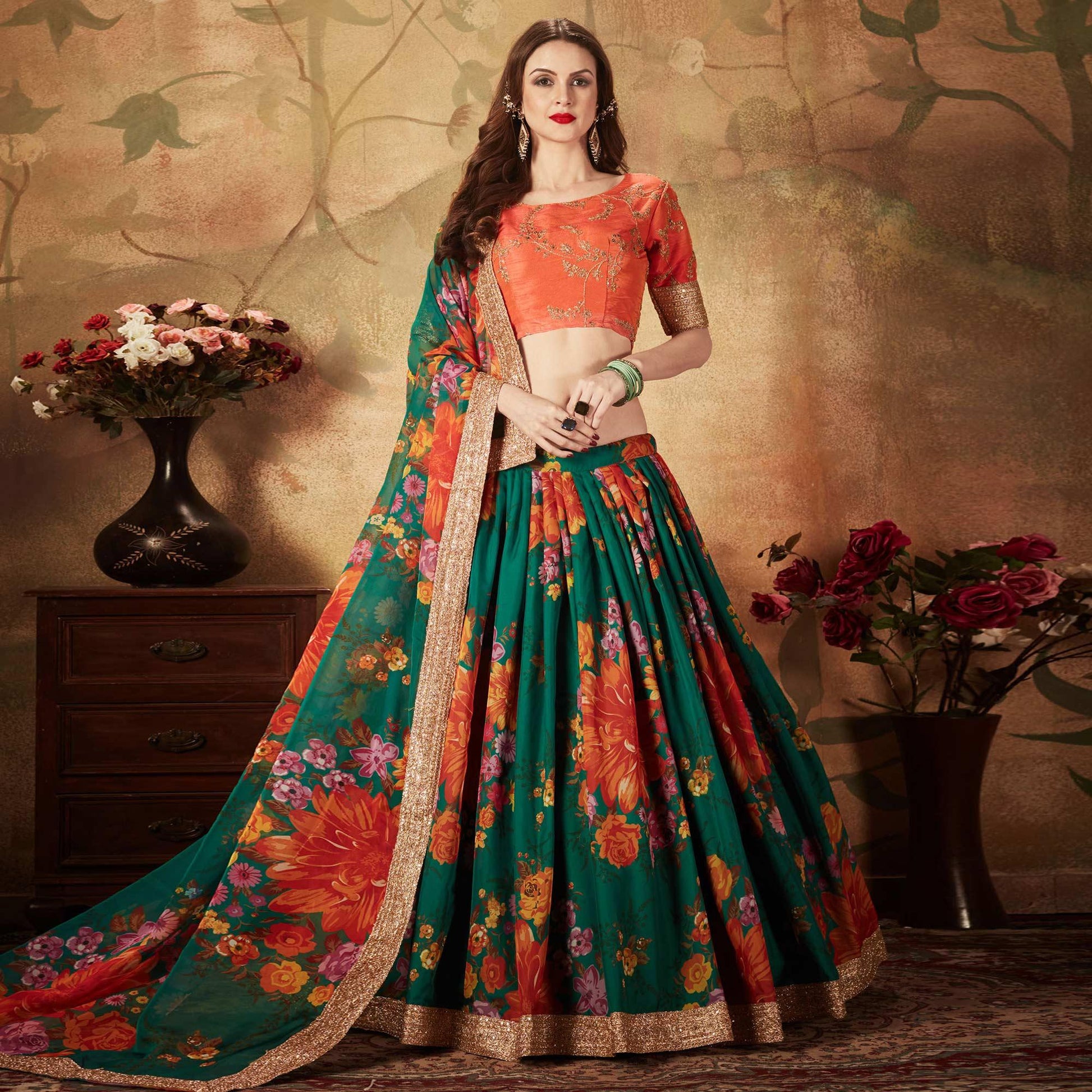 green-orange-partywear-floral-print-with-sequins-embroidery-organza-lehenga-choli-124580