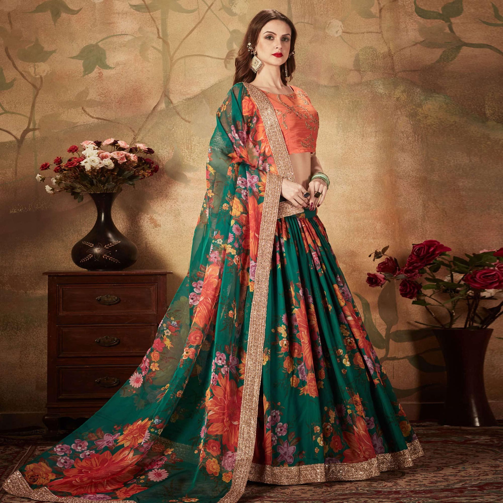 green-orange-partywear-floral-print-with-sequins-embroidery-organza-lehenga-choli-124580