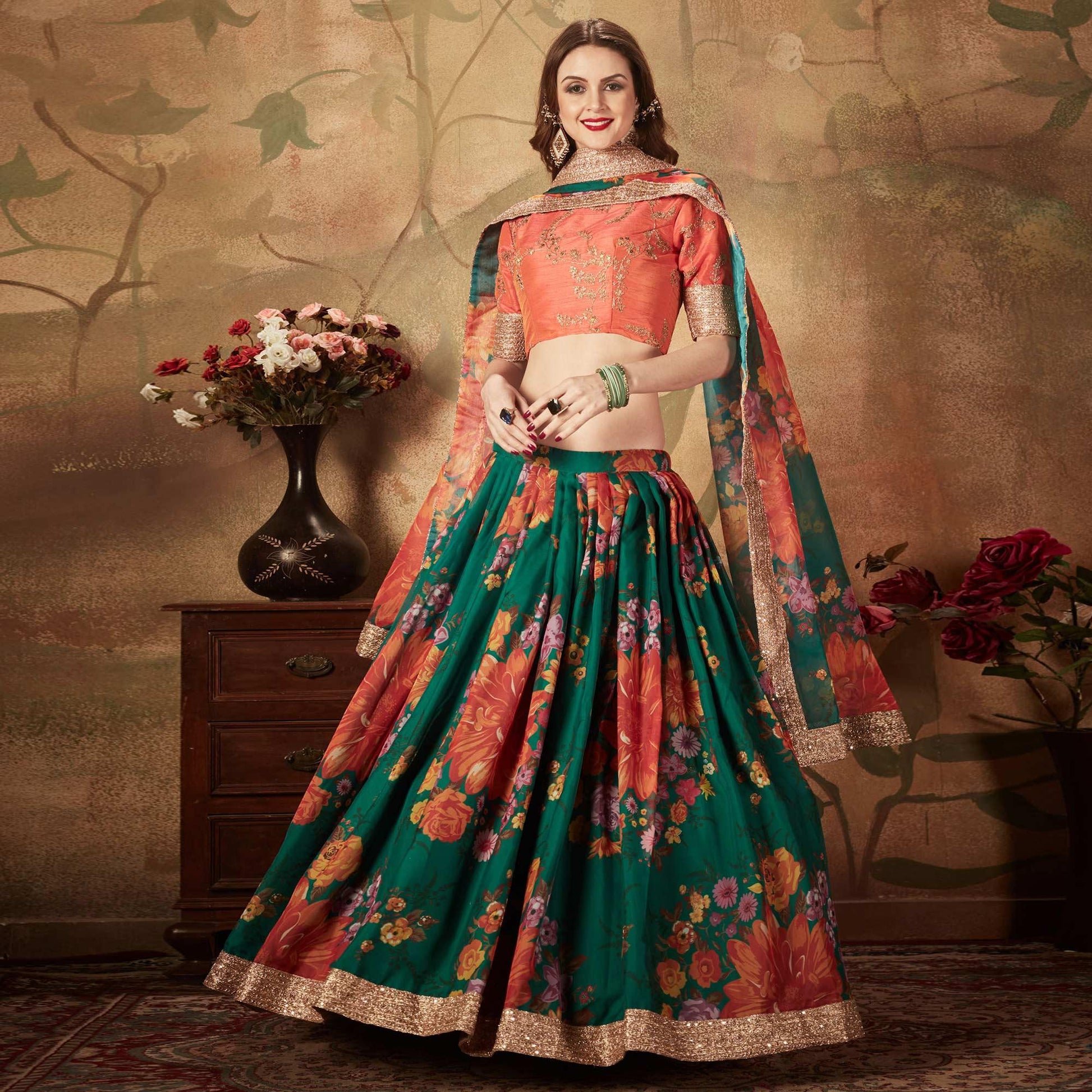 green-orange-partywear-floral-print-with-sequins-embroidery-organza-lehenga-choli-124580