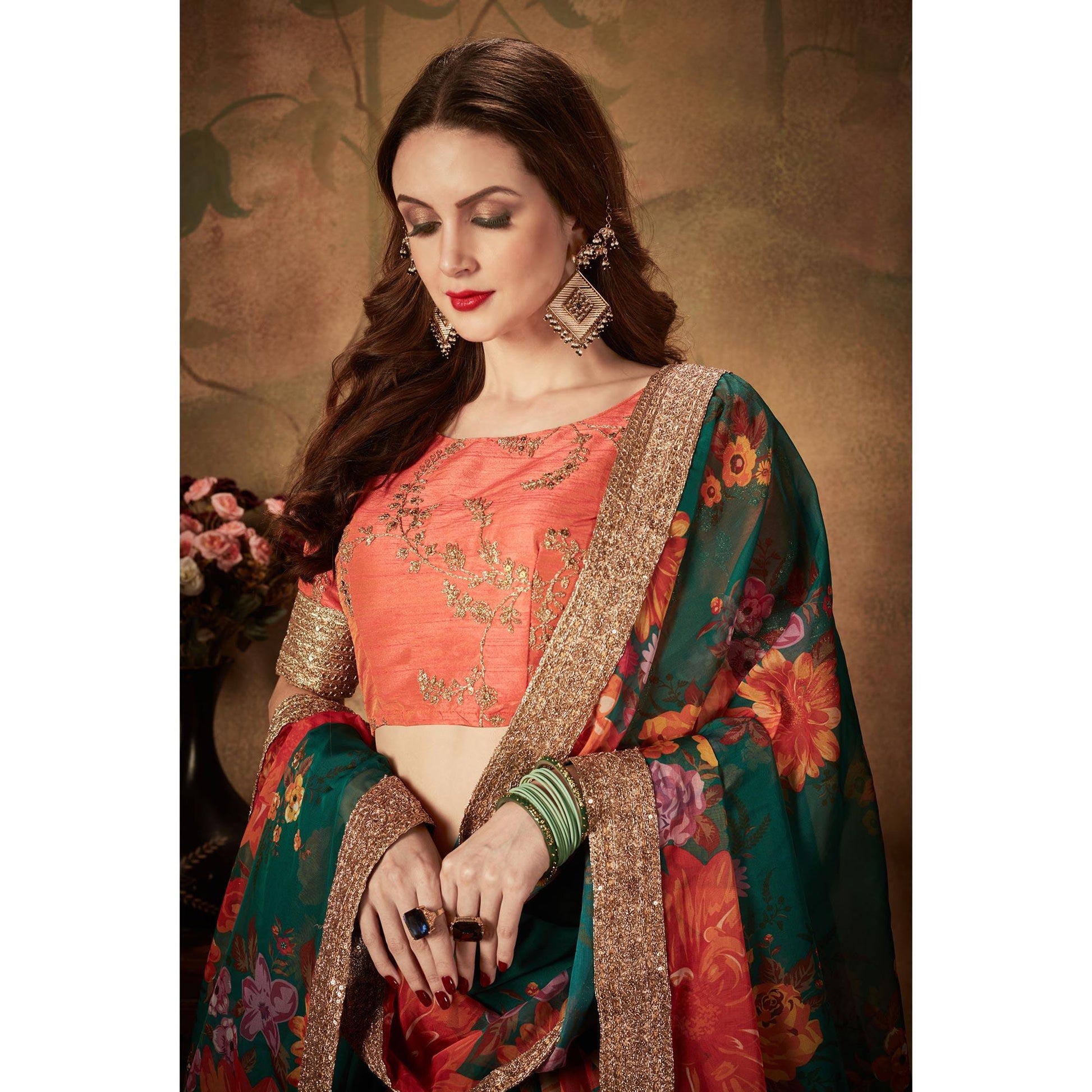 green-orange-partywear-floral-print-with-sequins-embroidery-organza-lehenga-choli-124580