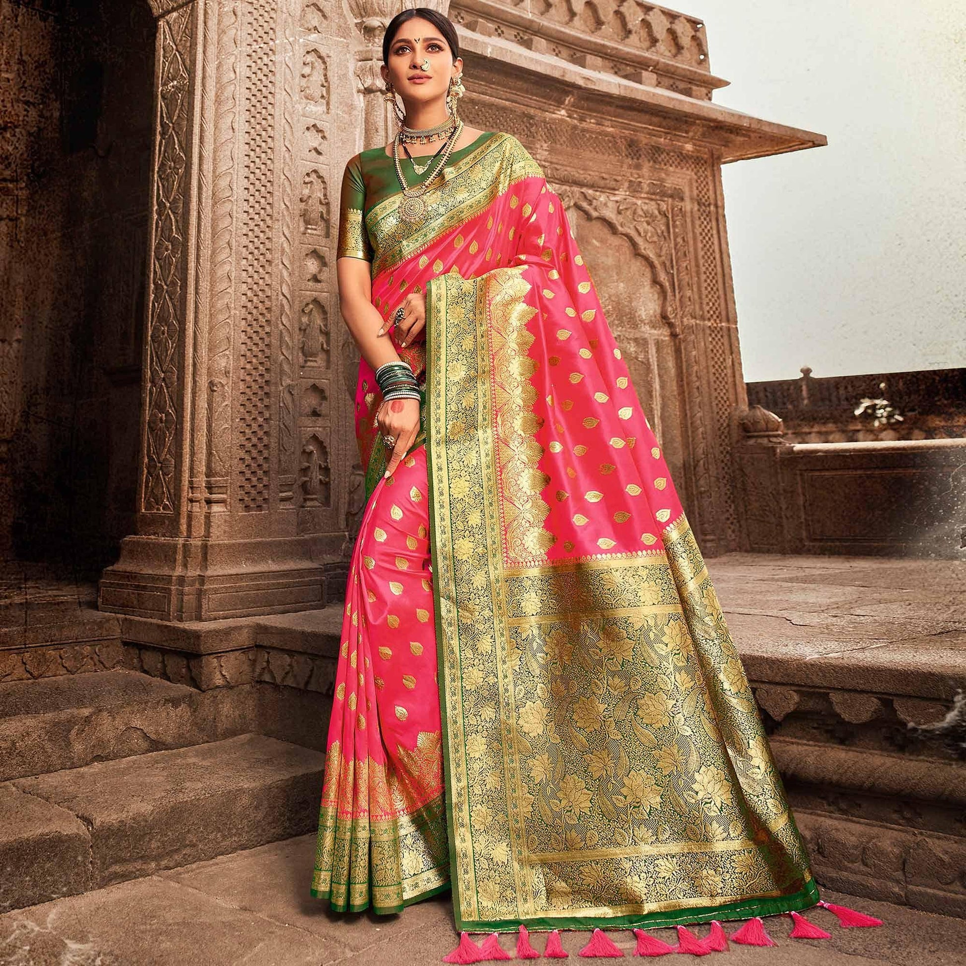 green-pink-festive-wear-woven-banarasi-silk-saree-with-zari-border-pallu-123045
