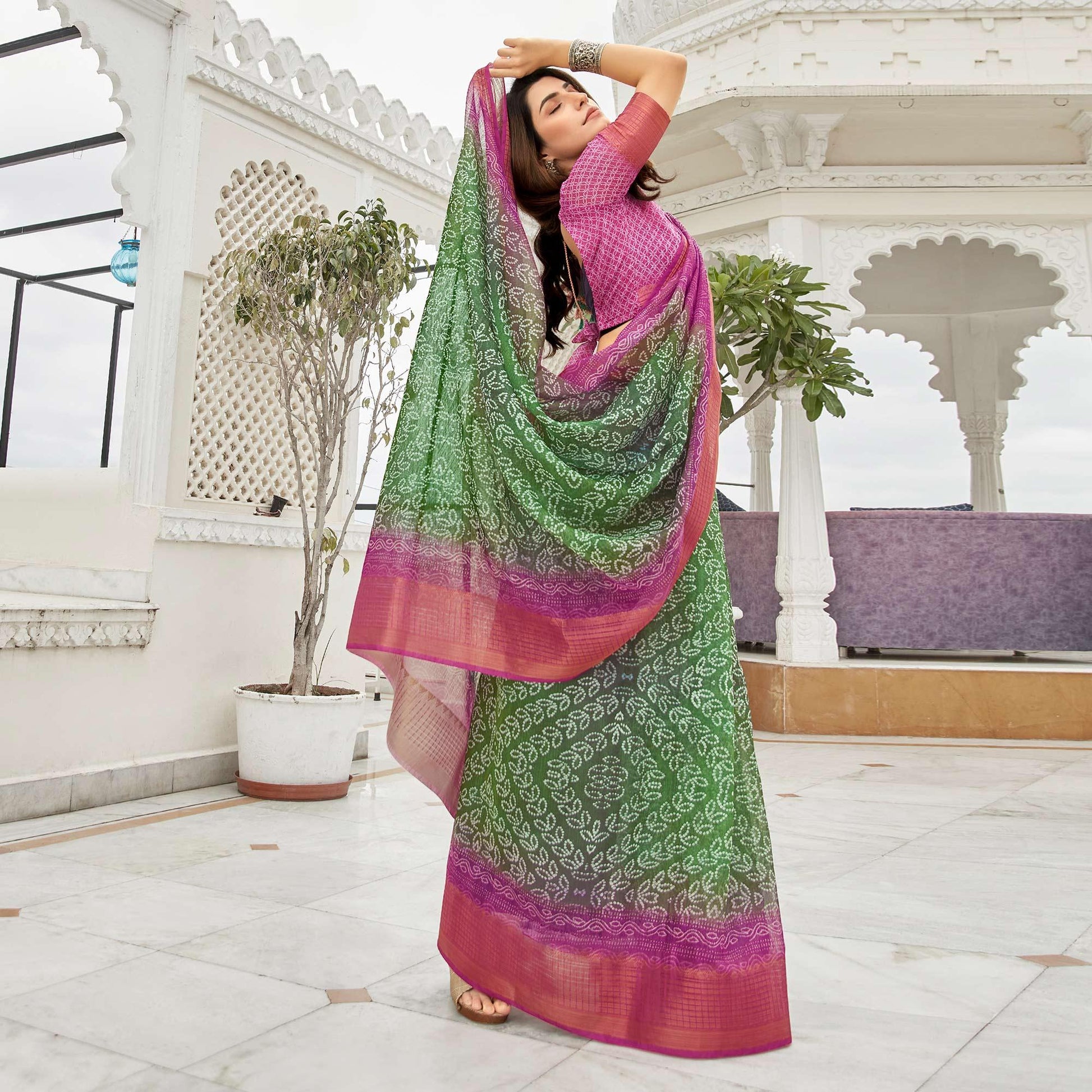 green-purple-casual-wear-printed-soft-linen-saree-123568