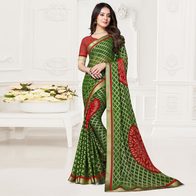 green-red-festive-wear-checks-printed-chiffon-brasso-saree-123614
