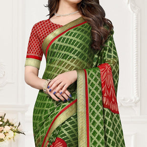 green-red-festive-wear-checks-printed-chiffon-brasso-saree-123614
