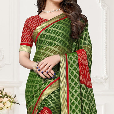 green-red-festive-wear-checks-printed-chiffon-brasso-saree-123614