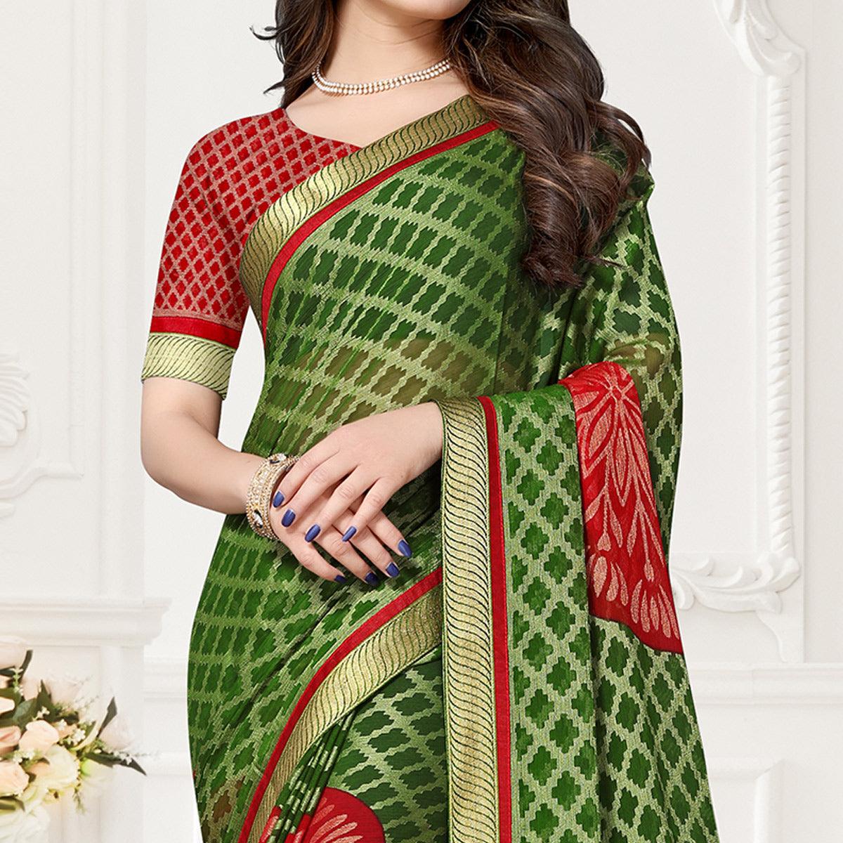 green-red-festive-wear-checks-printed-chiffon-brasso-saree-123614
