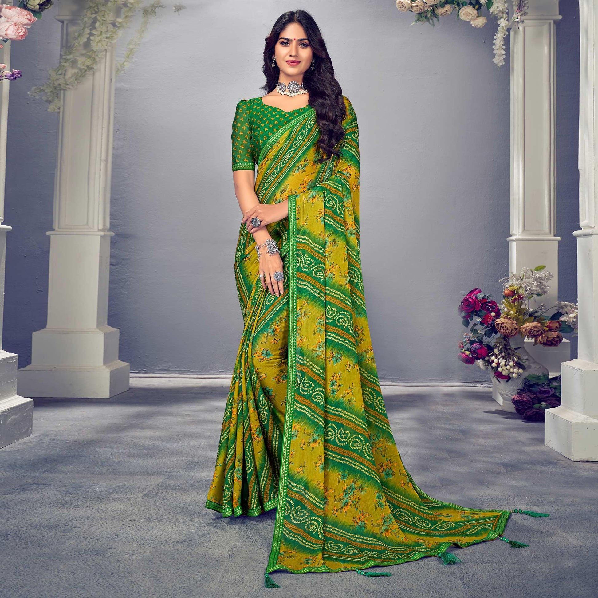 green-yellow-bandhani-printed-chiffon-saree-with-tassels