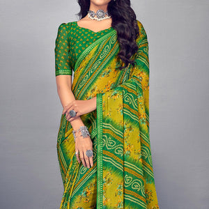 green-yellow-bandhani-printed-chiffon-saree-with-tassels