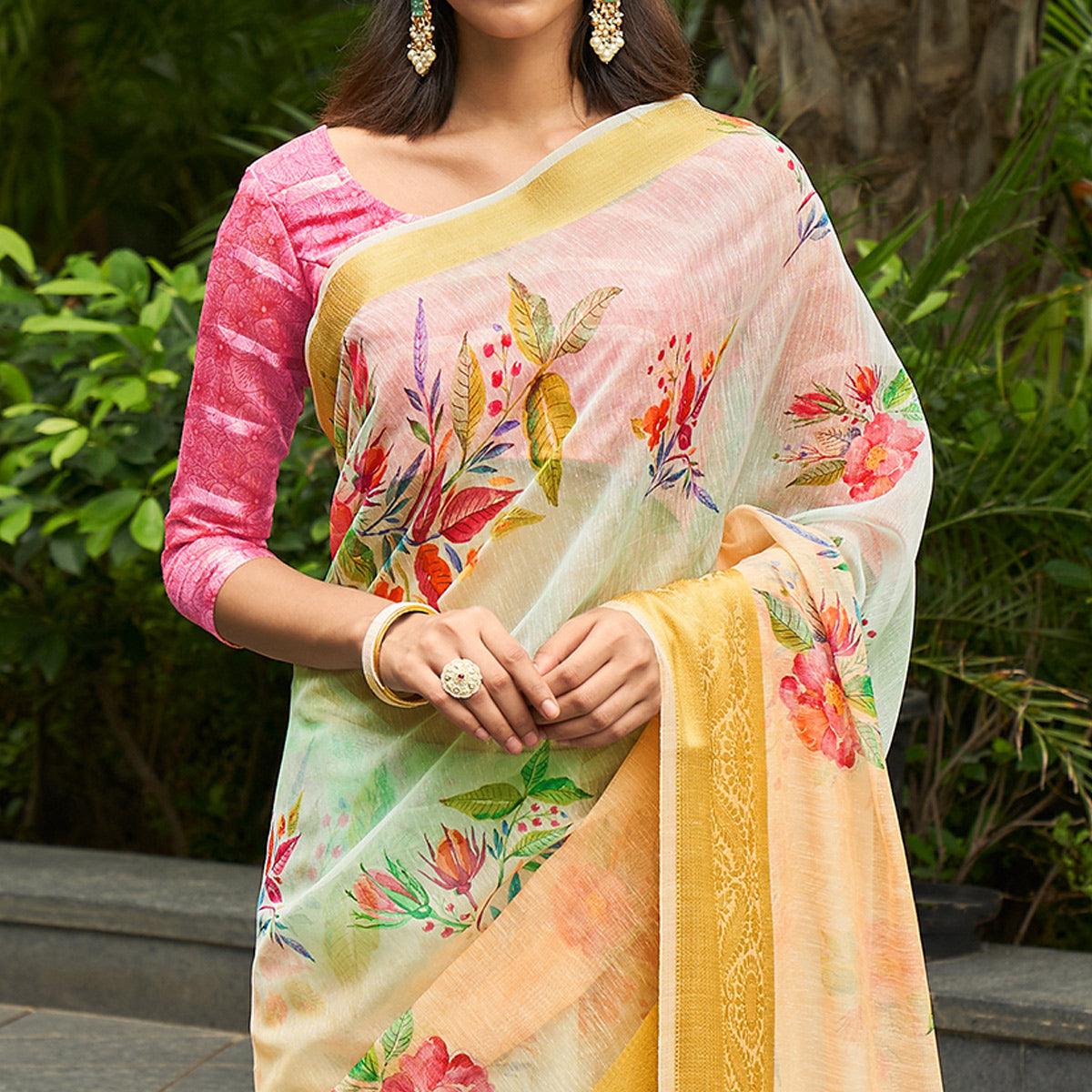 green-yellow-casual-wear-digital-printed-soft-organza-saree-124168