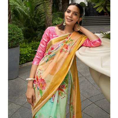 green-yellow-casual-wear-digital-printed-soft-organza-saree-124168