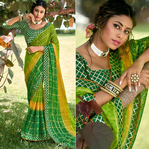 green-bandhani-printed-checks-weaving-chiffon-saree-143490