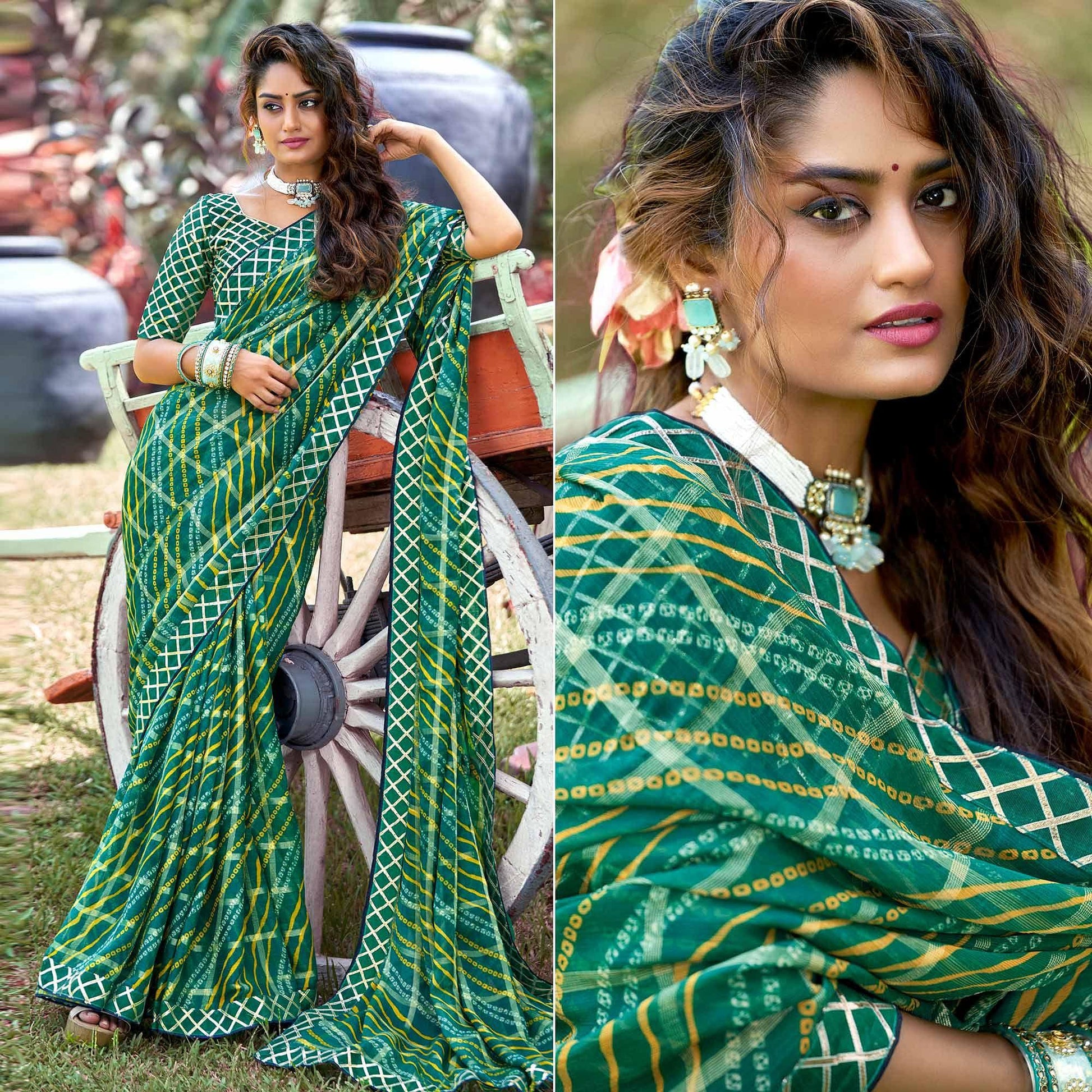 green-bandhani-printed-checks-weaving-chiffon-saree-143492