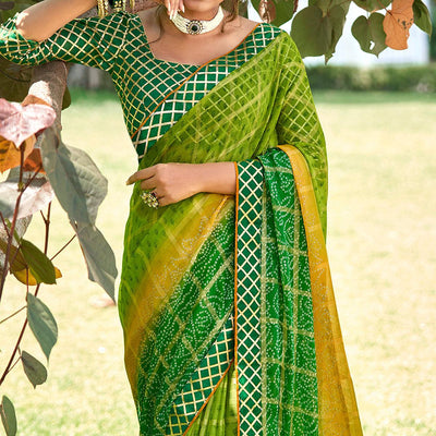 green-bandhani-printed-checks-weaving-chiffon-saree-143490