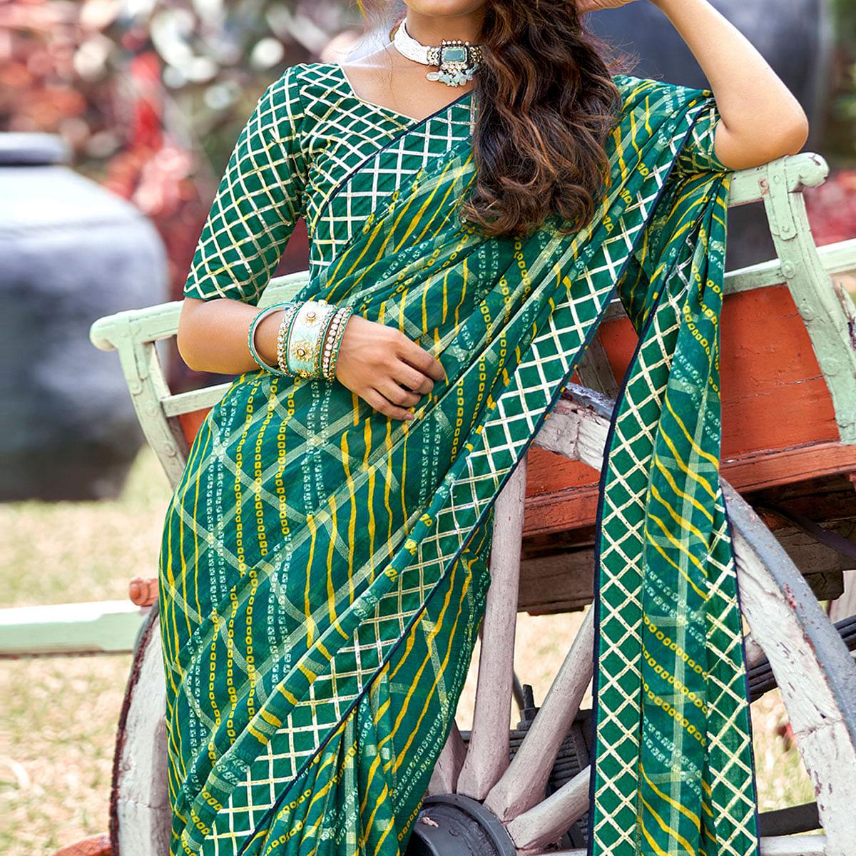 green-bandhani-printed-checks-weaving-chiffon-saree-143492