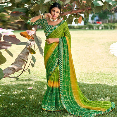 green-bandhani-printed-checks-weaving-chiffon-saree-143490