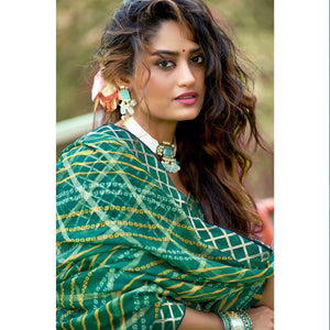 green-bandhani-printed-checks-weaving-chiffon-saree-143492
