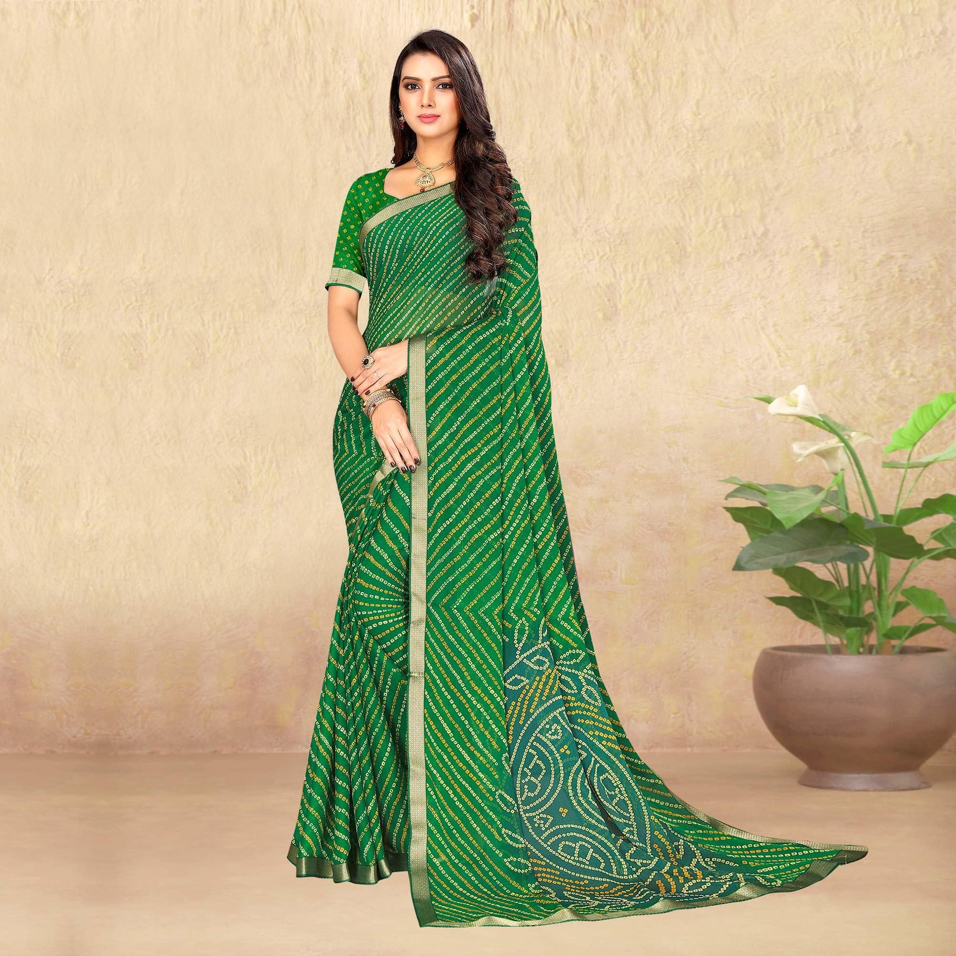 green-bandhani-printed-chiffon-saree