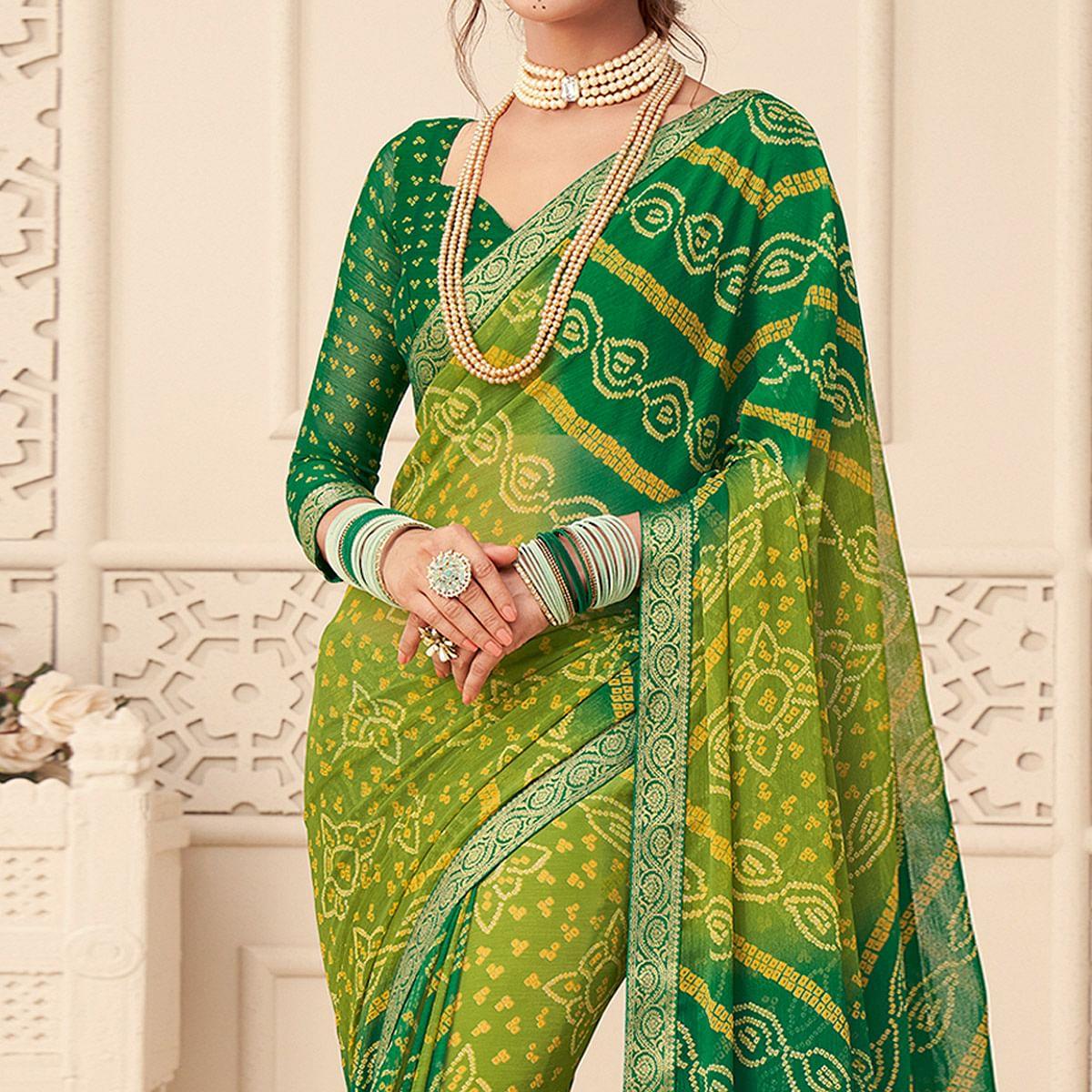 green-casual-wear-bandhani-printed-chiffon-saree-with-tassels-142072