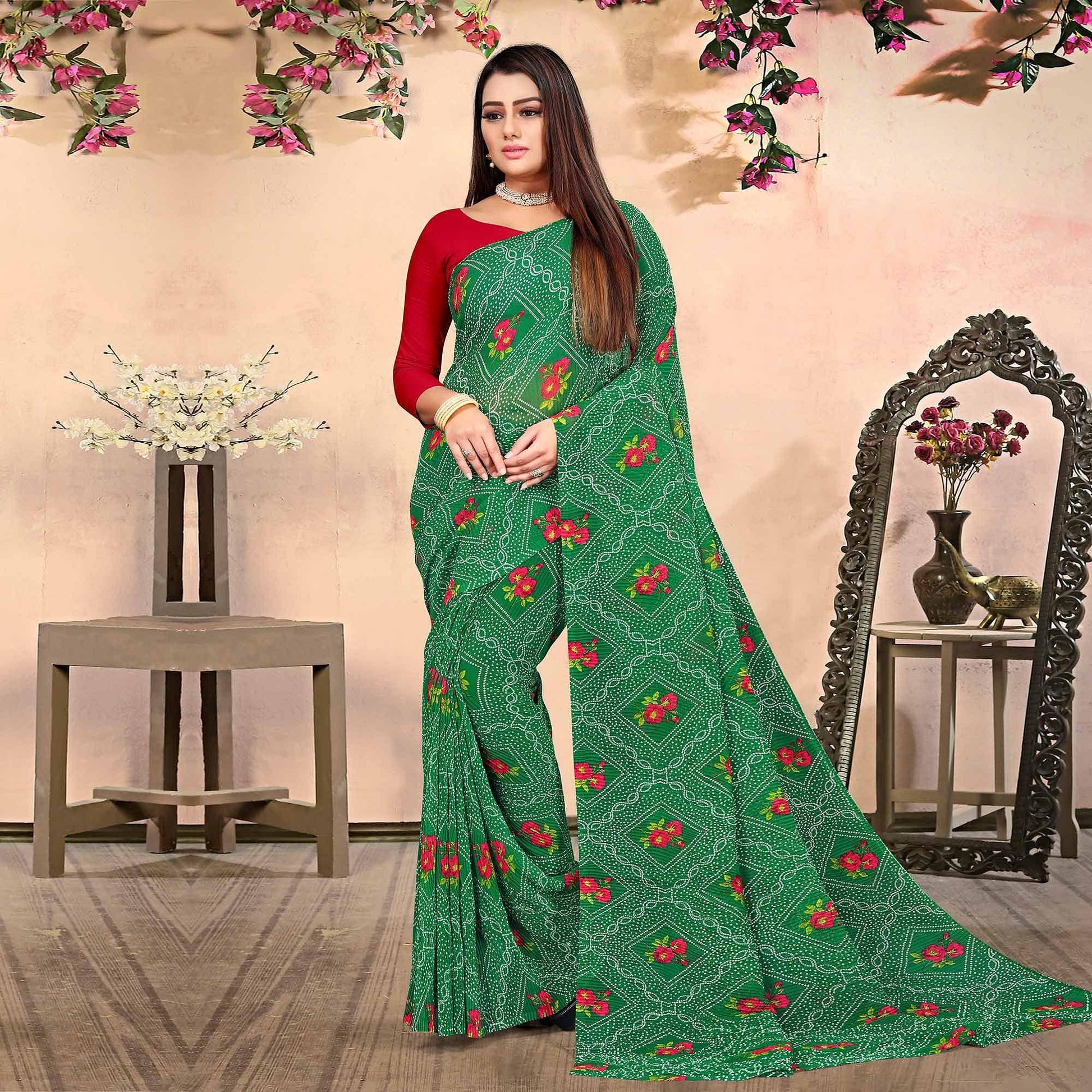green-bandhani-printed-georgette-saree-143366