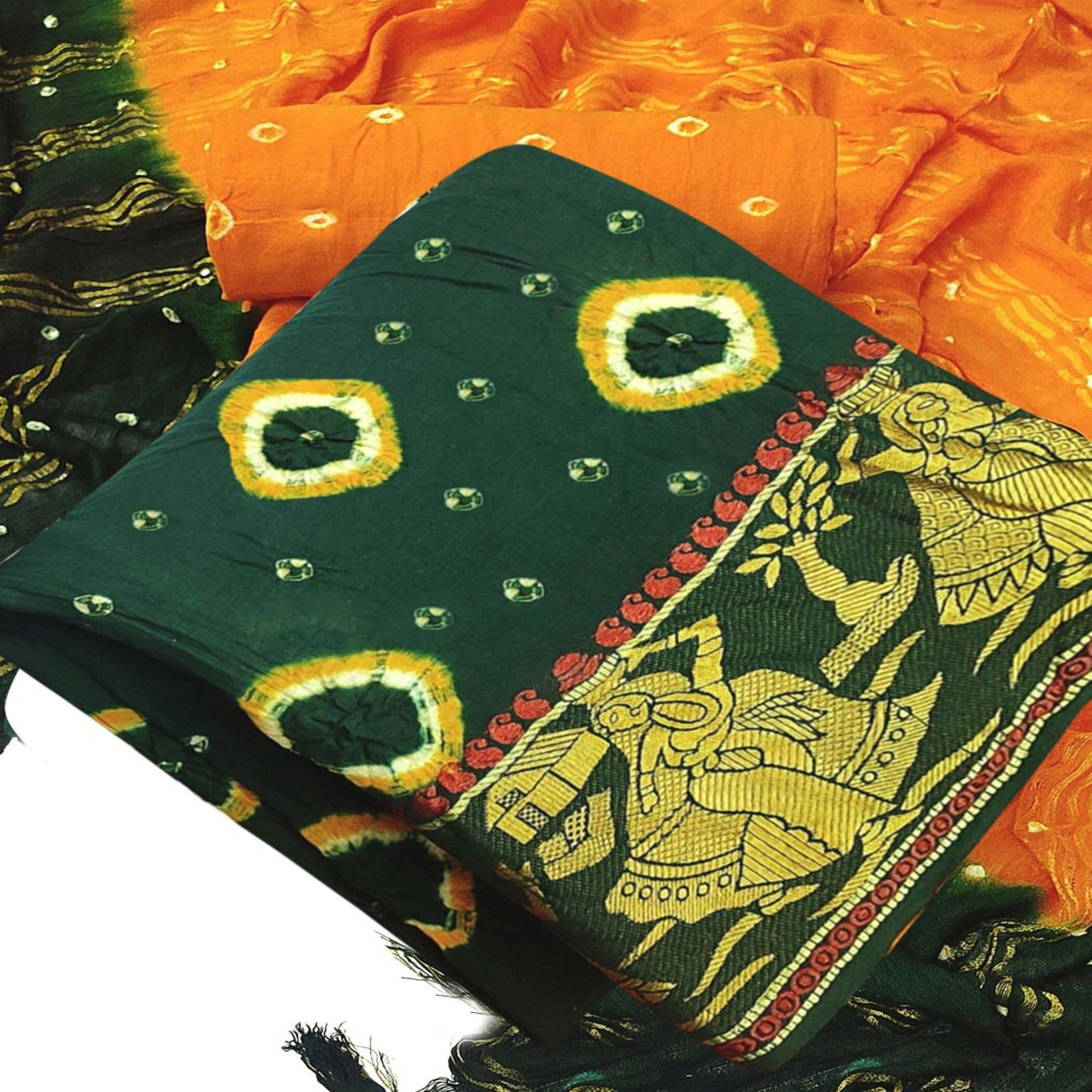 green-casual-wear-bandhani-printed-jacquard-border-pure-cotton-dress-material-138742