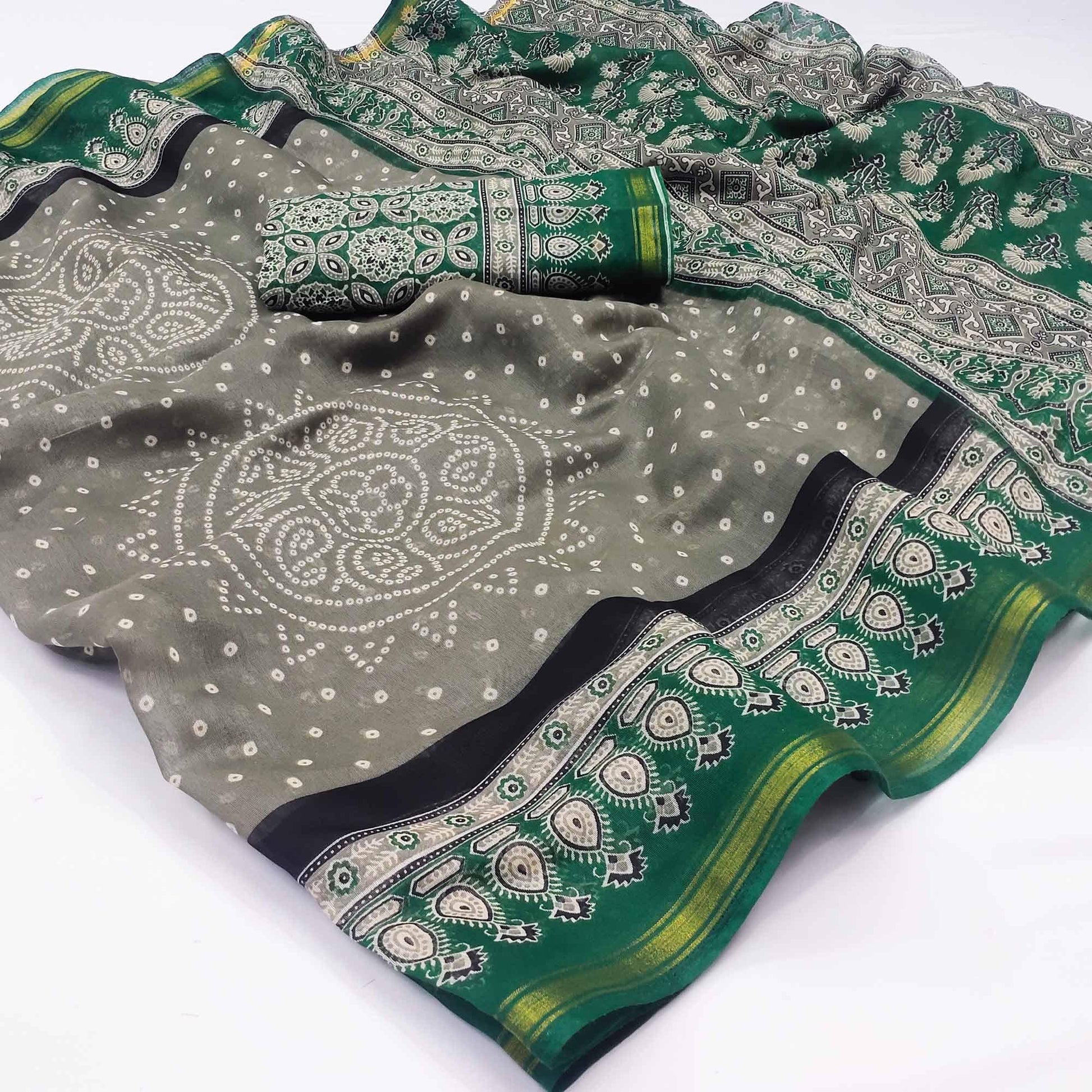 green-bandhani-printed-poly-cotton-saree