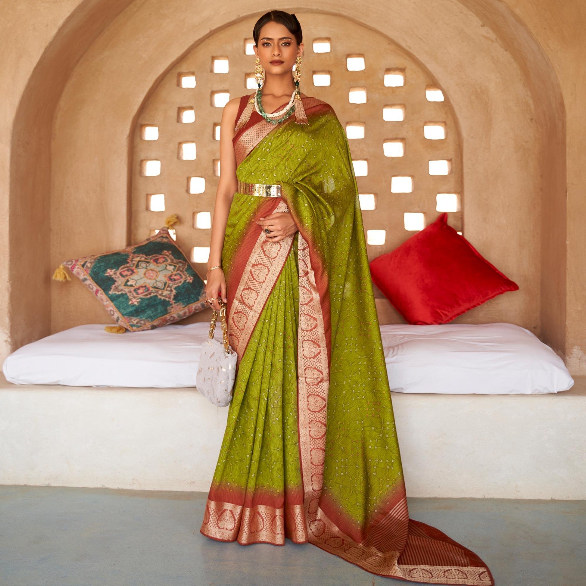 green-bandhani-printed-with-woven-border-art-silk-saree