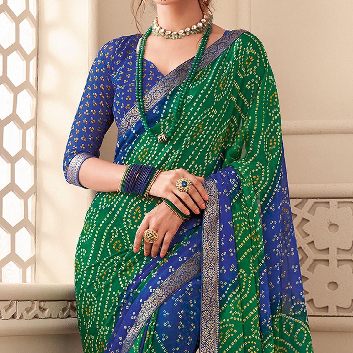 green-blue-casual-wear-bandhani-printed-chiffon-saree-with-tassels-142067