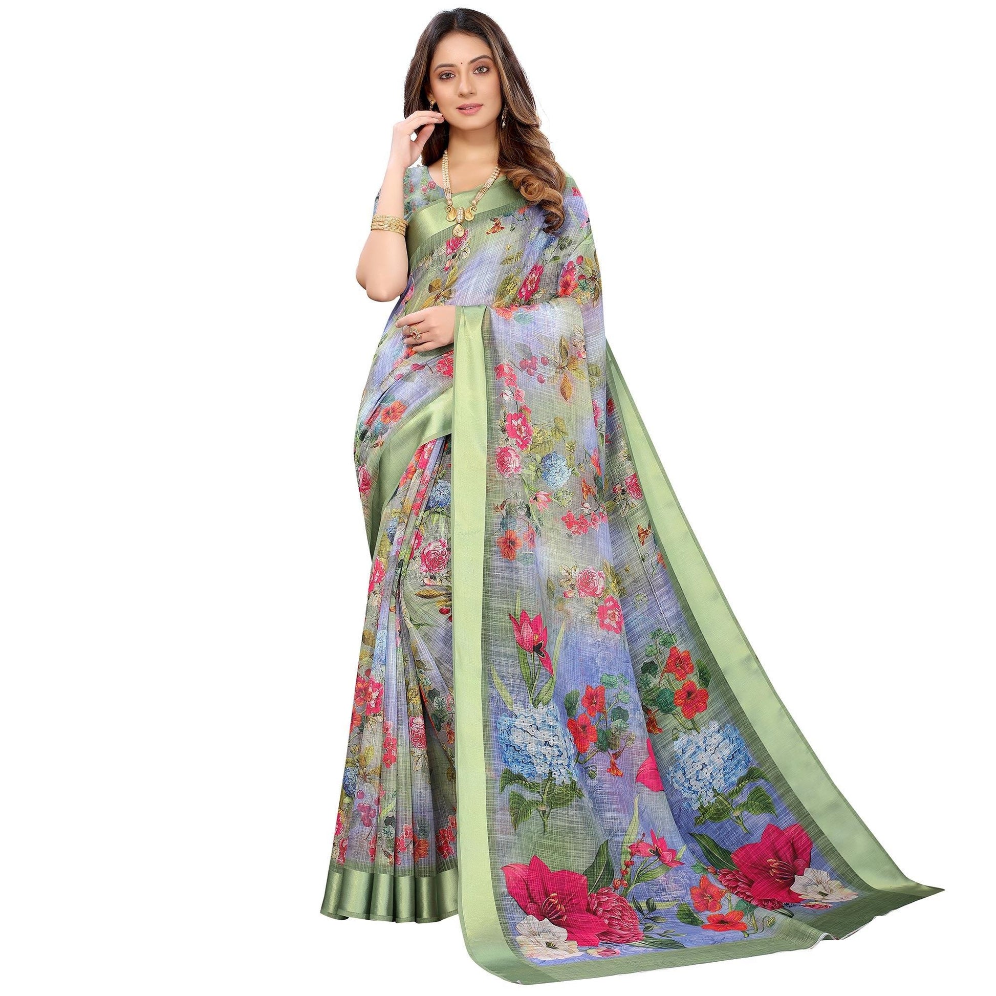 green-blue-casual-wear-floral-digital-printed-linen-slub-saree-117888
