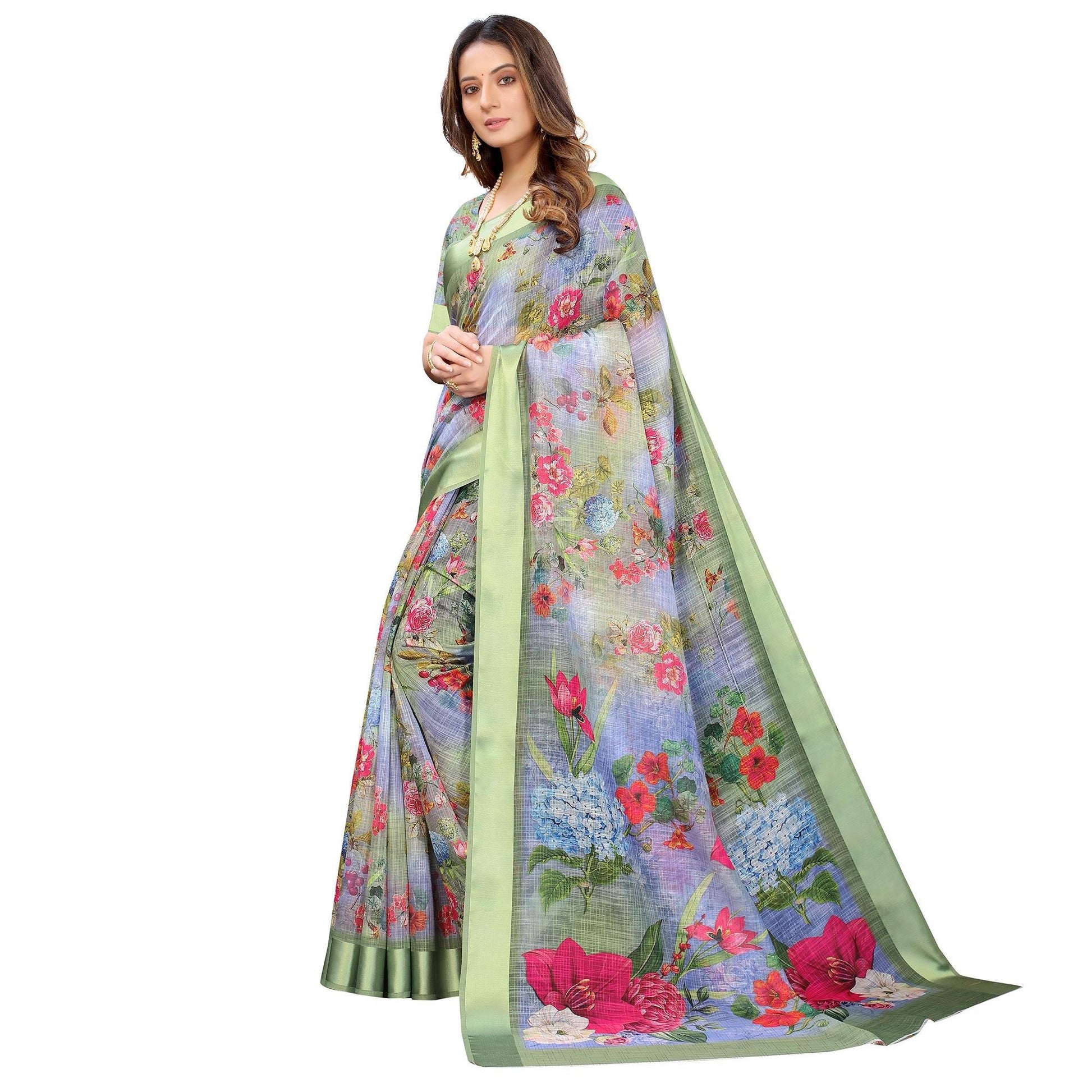 green-blue-casual-wear-floral-digital-printed-linen-slub-saree-117888