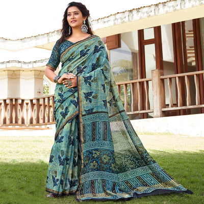 green-blue-casual-wear-printed-cotton-saree-120641