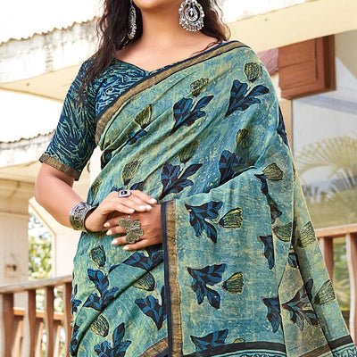 green-blue-casual-wear-printed-cotton-saree-120641