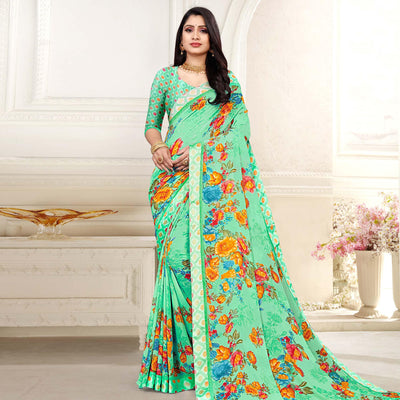 green-casaul-wear-floral-printed-georgette-saree-with-satin-lace-130867