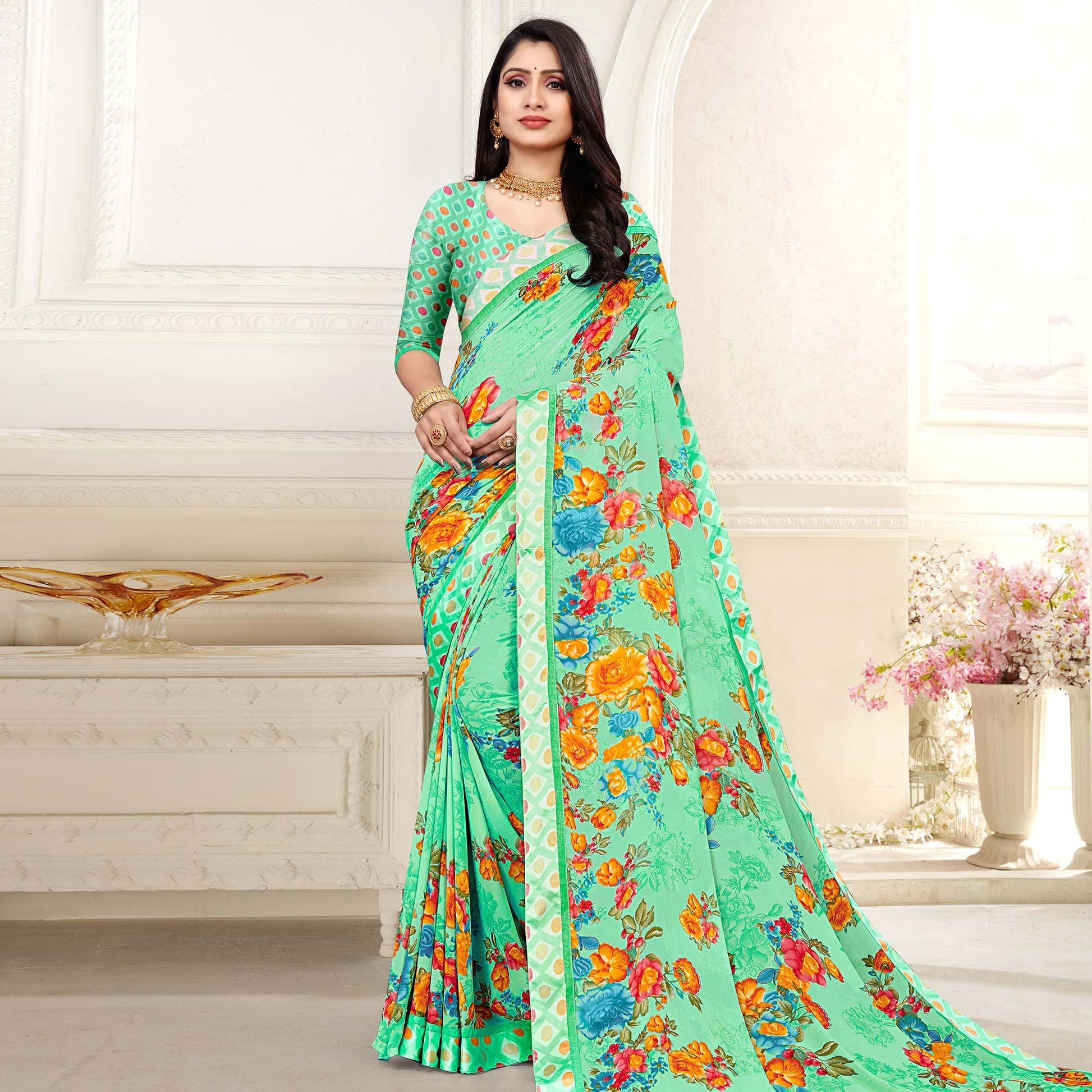 green-casaul-wear-floral-printed-georgette-saree-with-satin-lace-130867