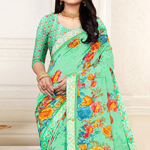 green-casaul-wear-floral-printed-georgette-saree-with-satin-lace-130867