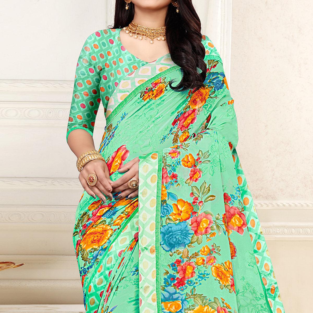 green-casaul-wear-floral-printed-georgette-saree-with-satin-lace-130867