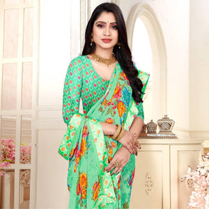 green-casaul-wear-floral-printed-georgette-saree-with-satin-lace-130867